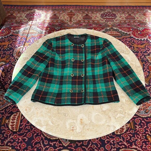 Alexon Double Breasted Tartan Plaid Collarless Jacket Made in Britain - Picture 9 of 13